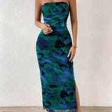 Tyylikäs naisten All Over Print Rypytetty Selkävapaa Mekko Halkiolla ja Bodycon Putkileikkaus