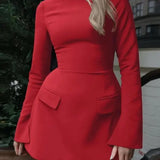 Crew Neck Pitkähiha Bodycon Mini Mekko Naisille