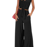 Naisten kesäinen 2-osainen setti, jossa on cap sleeve V-pääntie crop top vyöllä ja leveät housut