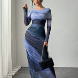TORINA™ - Mukava painettu pitkähihaisen pyöreäkauluksen Bodycon-maksimekko