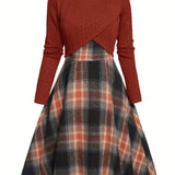 JORY™ - Vintage Pyöreäkauluksinen Pitkähiha Cropped Top ja Ruudullinen Mekko