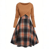 JORY™ - Vintage Pyöreäkauluksinen Pitkähiha Cropped Top ja Ruudullinen Mekko