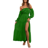 Naisten Boho Off-Shoulder Pitkähiha Smocked Korkea vyötärö A-Linjainen Maximekko Sivuhalkiolla
