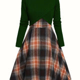 JORY™ - Vintage Pyöreäkauluksinen Pitkähiha Cropped Top ja Ruudullinen Mekko