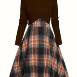 JORY™ - Vintage Pyöreäkauluksinen Pitkähiha Cropped Top ja Ruudullinen Mekko