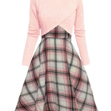 JORY™ - Vintage Pyöreäkauluksinen Pitkähiha Cropped Top ja Ruudullinen Mekko