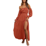 Naisten Boho Off-Shoulder Pitkähiha Smocked Korkea vyötärö A-Linjainen Maximekko Sivuhalkiolla